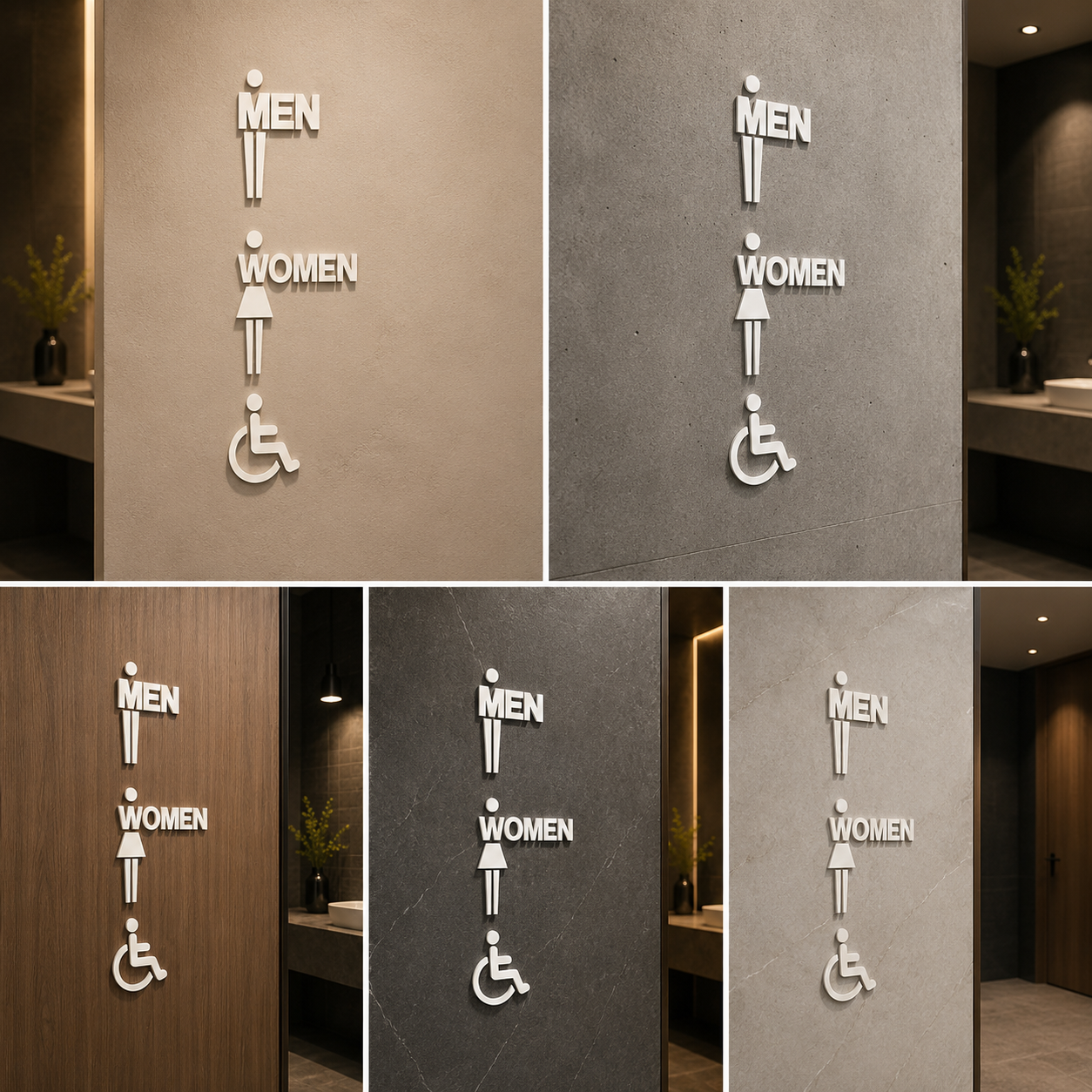 Vertical Restroom Signage Set with Men Women & Wheelchair Icons | Accessible Washroom Sign for Commercial Spaces