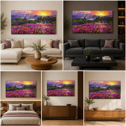 Lilly Flower Field Canvas Painting | Sunrise Nature Wall Art for Living Room