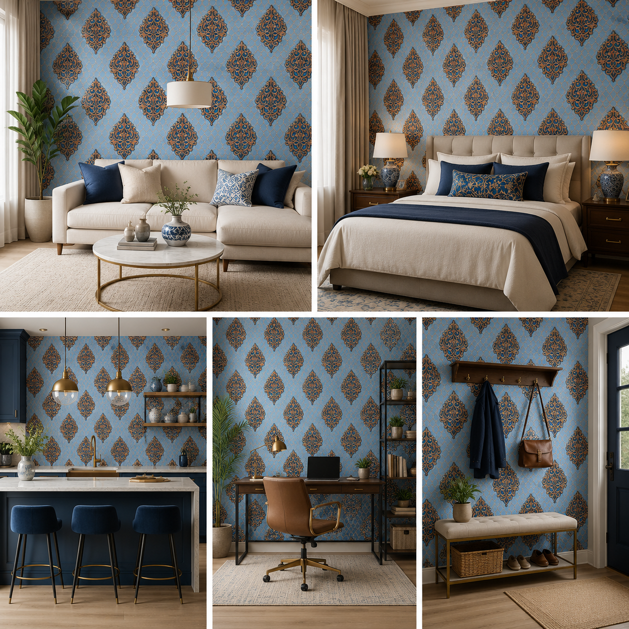 Wall Paper for Wall Decor, Non Adhesive Wallpaper for Walls Living Room, Bedroom (53 x 1000 cm, Roll 57sqft, Ocean Blue Damask Design)