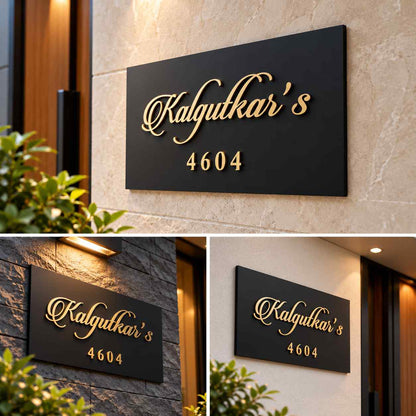 Premium Black and Gold Personalised House Name Plate with Elegant Script Lettering