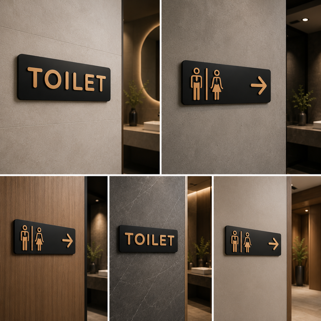 Premium Black & Gold Toilet Direction Sign Board | Male Female Washroom Signage with Arrow for Commercial Spaces