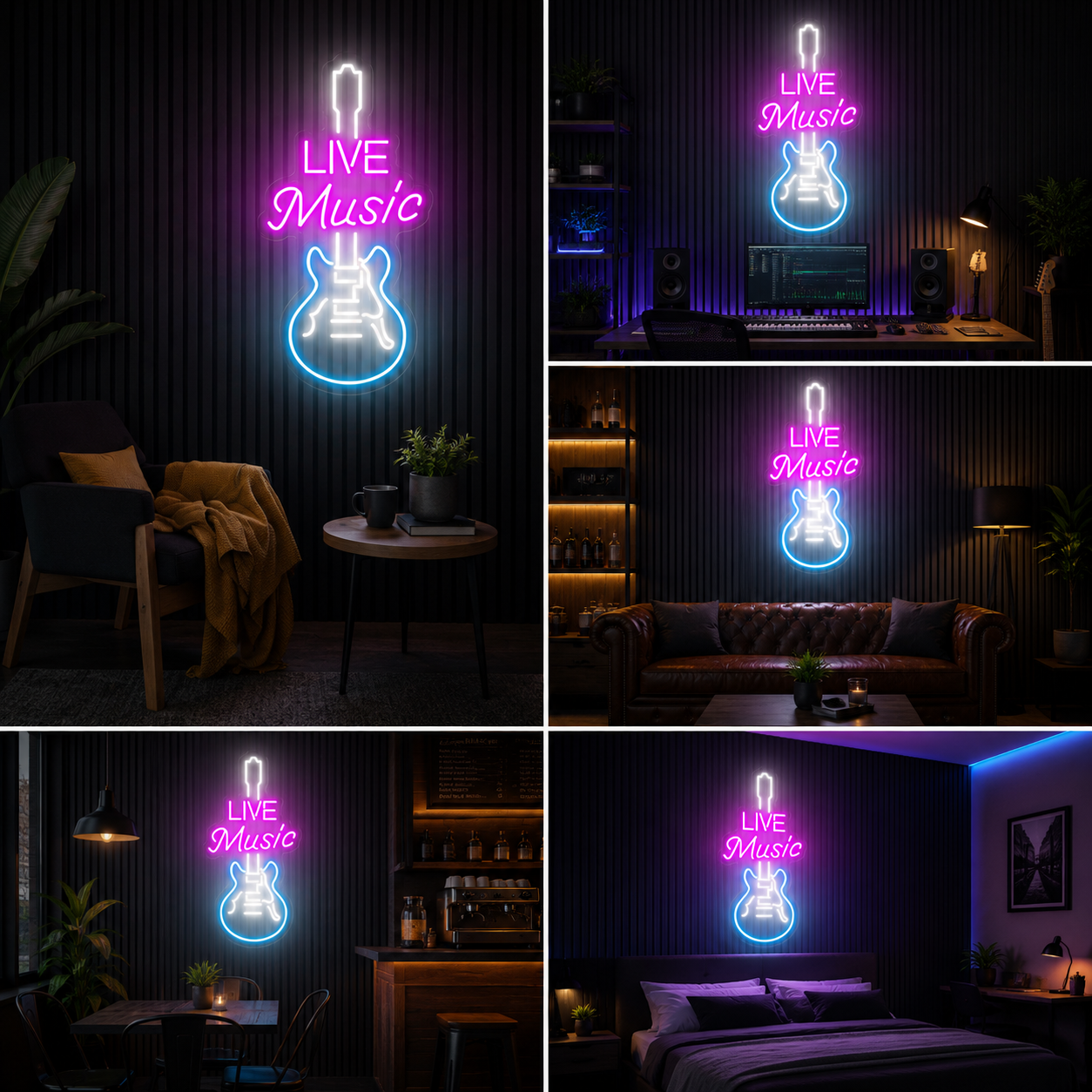 Live Music Custom Neon Sign Board | Guitar Neon Light Board | Custom Neon Light | Neon Sign Board Customised for Cafe & Bar (12 By 24 Inches)
