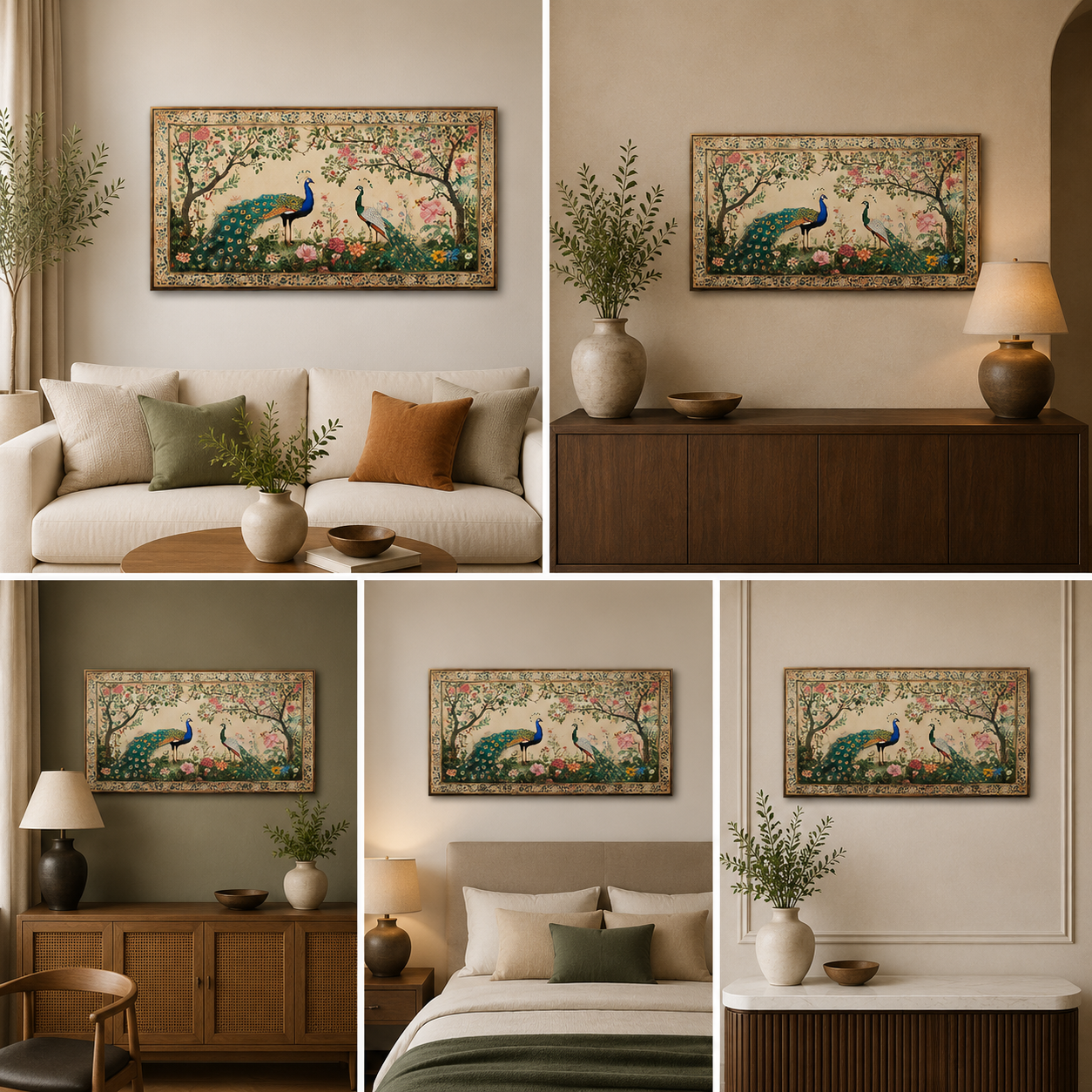 Royal Peacock Pair Mughal Garden Canvas Wall Painting | Vintage Floral Bird Artwork | Premium Heritage Wall Decor