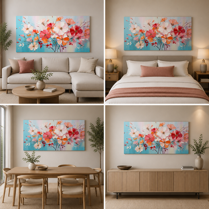 Pastel floral canvas artwork on a blue background shown above a sofa, bed, dining table and wooden sideboard.