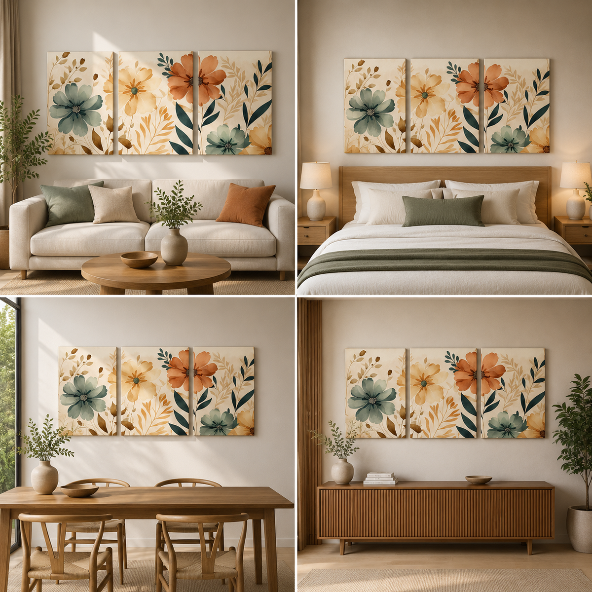 Elegant Pastel Floral Canvas Wall Art Set of 3 for Modern Living Room and Home Decor