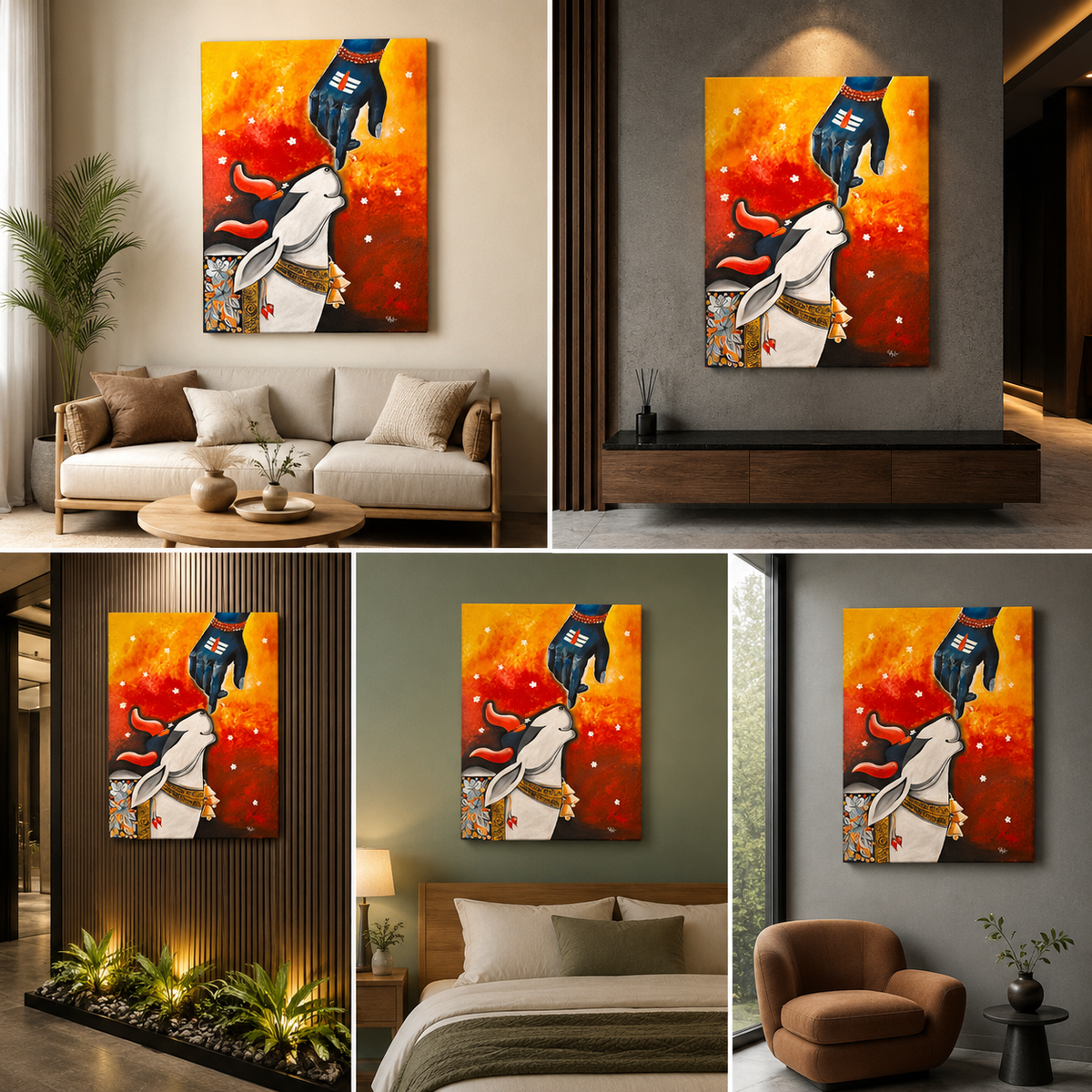 Lord Shiva's blue hand blessing white Nandi against an orange and red background, shown as canvas wall art above a sofa, console and bed and beside a chair.