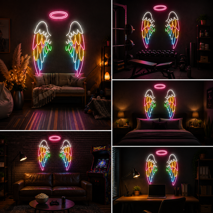 Angel Wings with Halo Custom Neon Sign Board | Multicolor Wings Neon Light | Custom Neon Light | Neon Sign Board Customised (50 By 50 Inches)