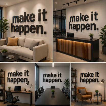 Motivational Acrylic Wall Sign Make It Happen – Bold 3D Typography Wall Decor for Office, Workspace & Startup Interiors