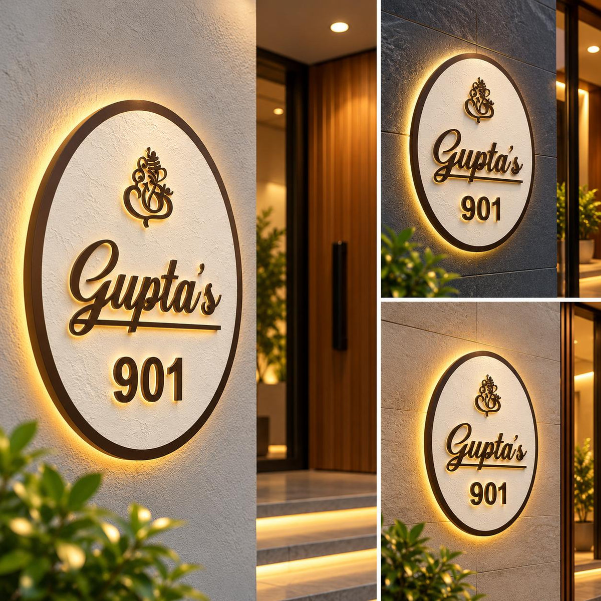 Custom Oval LED House Name Plate with Ganesh Symbol – Premium Gold Finish Address Sign
