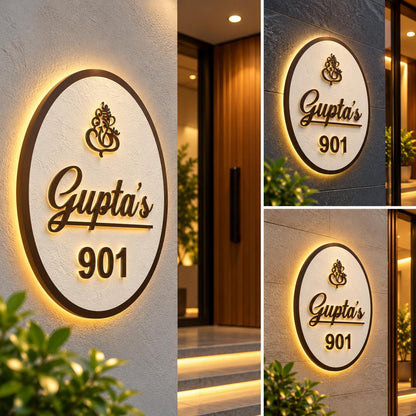 Custom Oval LED House Name Plate with Ganesh Symbol – Premium Gold Finish Address Sign
