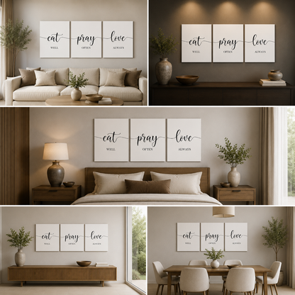 Eat Pray Love Wall Art Set of 3 Panels | Minimalist Typography Canvas Painting | Acrylic UV Printed Motivational Wall Decor for Living Room Bedroom (18 x 24 Inches Each Part)