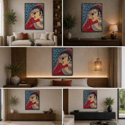 Rajasthani Woman Folk Art Canvas Wall Art | Ethnic Portrait Painting for Home Decor & Living Room