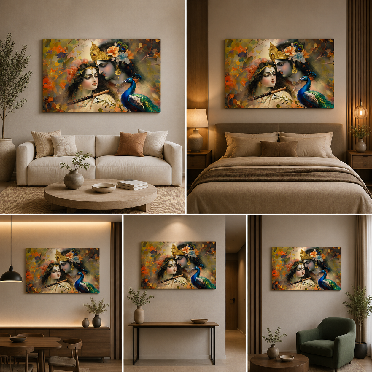 Radha Krishna Peacock Canvas Painting Frame Wall Art Decor | Divine Radha Krishna Flute Canvas Painting Frame for Living Room