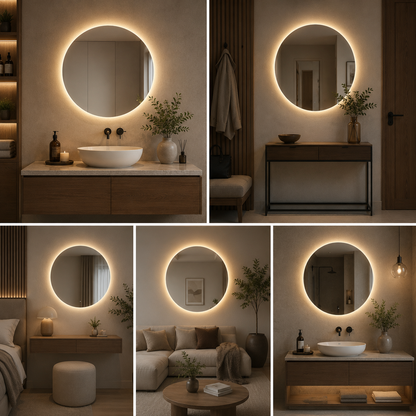 Modern Round LED Wall Mirror with Warm Backlight | Luxury Decorative Circular Mirror for Bedroom & Living Room
