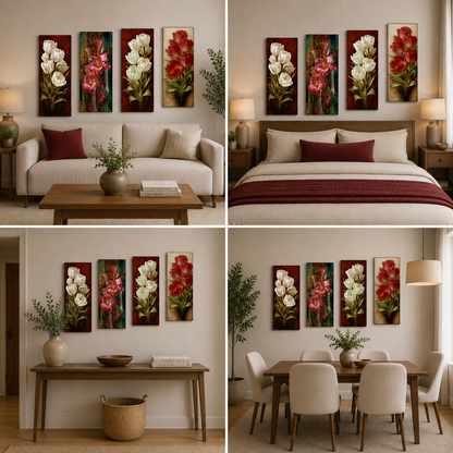 4-Piece Floral Canvas Wall Art Set with Elegant Tulip & Lily Design for Modern Interiors