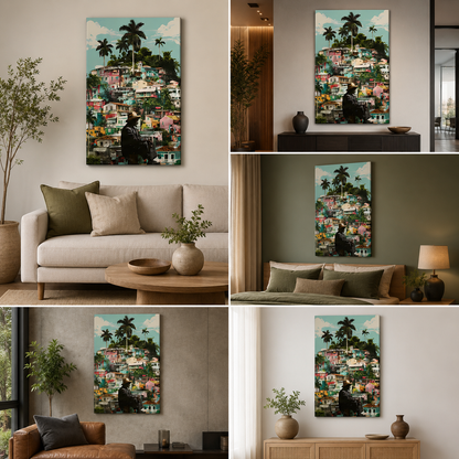 Tropical Village Canvas Painting Frame – Colorful Palm Tree Town Landscape Canvas Wall Art Painting Frame for Living Room Wall Decor