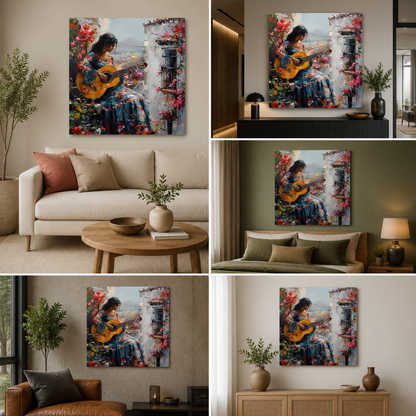 Girl Playing Guitar Canvas Painting Frame – Romantic Music Art Canvas Wall Art Painting Frame for Living Room Wall Decor