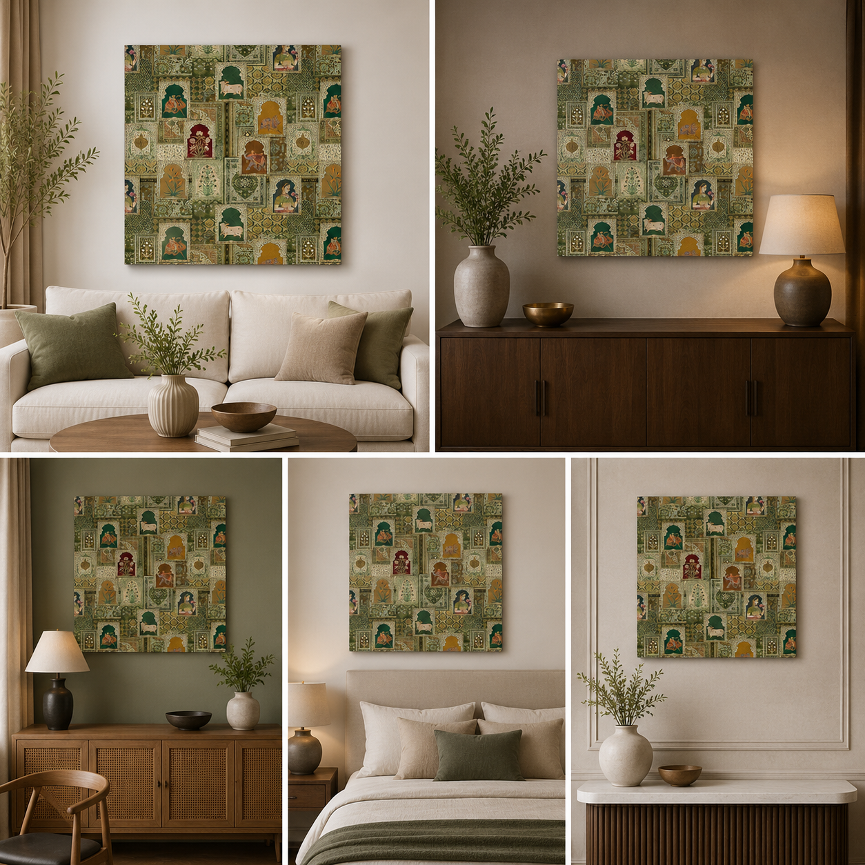 Mughal Patchwork Canvas Wall Painting | Royal Miniature Motif Collage Art | Vintage Indian Heritage Decor