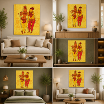 Radha Krishna Folk Art Canvas Painting Frame Yellow Orange Wall Decor for Living Room Traditional Artwork