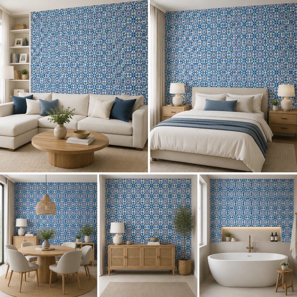 Blue Floral Pattern Wallpaper Self Adhesive for Bedroom