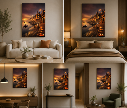 Varanasi Ghat Canvas Painting Frame Wall Art Decor | Spiritual Ganga River Evening Aarti Canvas Painting for Living Room