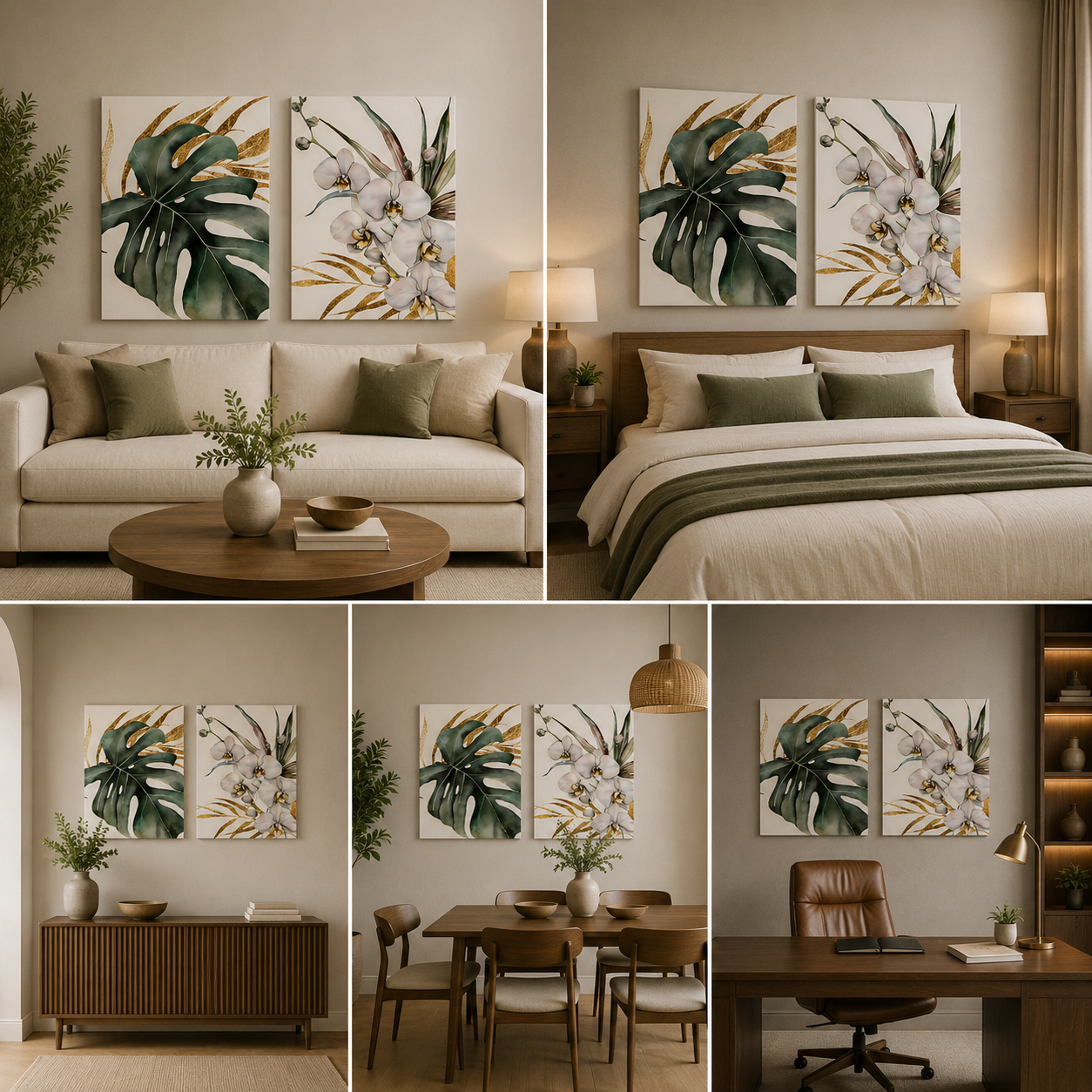 Botanical Leaf & Orchid Wall Art Set of 2 Panels | Modern Tropical Canvas Painting | Acrylic UV Printed Wall Decor for Living Room Bedroom (18 x 24 Inches Each Part)