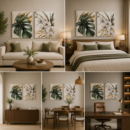 Botanical Leaf & Orchid Wall Art Set of 2 Panels | Modern Tropical Canvas Painting | Acrylic UV Printed Wall Decor for Living Room Bedroom (18 x 24 Inches Each Part)