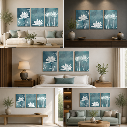 Serene Lotus Flower Wall Art Set of 3 Panels | Blue Minimalist Floral Canvas Painting | Acrylic UV Printed Wall Decor for Living Room Bedroom (18 x 24 Inches Each Part)