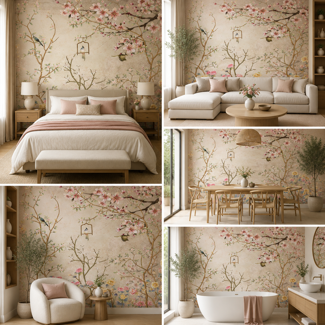 Premium Chirping Birds on Floral Art Wallpaper Self Adhesive for Living Room