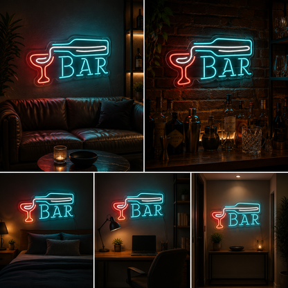 LED Bar Neon Sign Board with Bottle & Cocktail Glass | Custom Neon Light Signs | Customised Neon Light Name Plate for Bar Decor