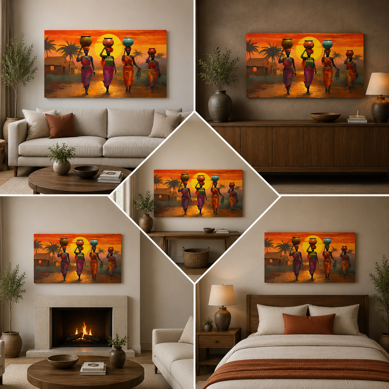 African Women Sunset Village Wall Painting | Colorful Ethnic Canvas Art for Living Room Decor