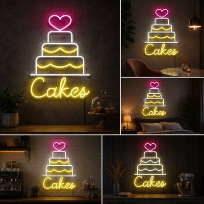Cakes Neon Sign Board LED Wall Light Big Size Bakery & Cafe Decor (20 by 30 inches)