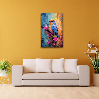 Abstract Canvas Painting A Colour Bird Wall Art Frame for Wall Decor | Abstract Wall Art Canvas Painting Colorful abstract painting of birds and flowers on a yellow wall above a white sofa.