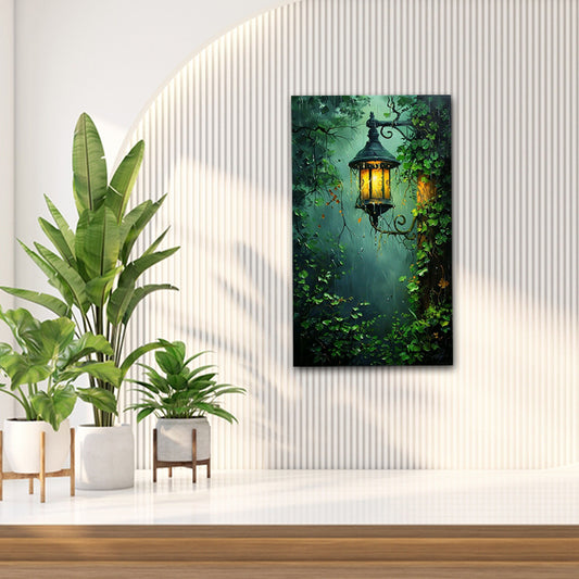 Abstract Canvas Painting A  Lamp in Dark Wall Art Frame for Wall Decor | Abstract Wall Art Canvas Painting Frame Framed artwork of a lantern in a forest setting on a wall with plants below.