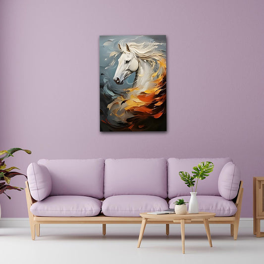 Abstract Canvas Painting A White Running Horse Wall Art Frame for Wall Decor | Abstract Wall Art Big Large Size Canvas Painting Frame Painting of a horse on a purple wall above a lavender sofa with a wooden coffee table.