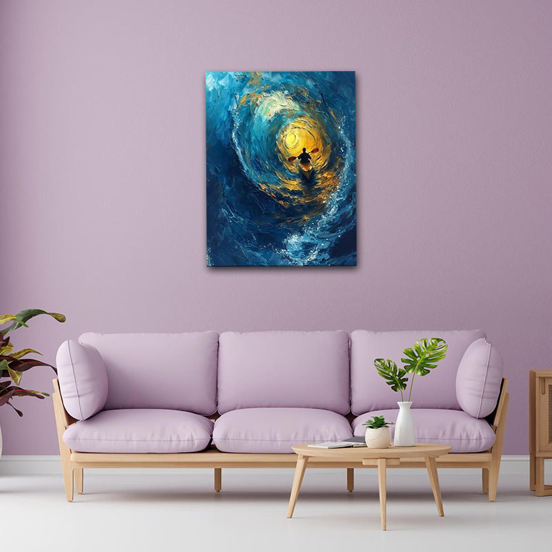 Abstract Canvas Painting A journey Through Ocean Wall Art Frame for Wall Decor | Abstract Wall Art Canvas Painting Living room with a purple sofa, coffee table, and abstract painting on a purple wall.