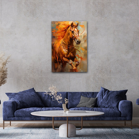 Abstract Canvas Painting Running Horse Wall Art Frame for Wall Decor | Abstract Wall Art Big Large Size Canvas Painting Frame Living room with a blue sofa, round coffee table, and a painting of a horse on the wall.