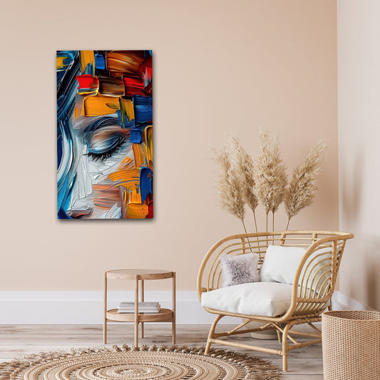 Abstract Canvas Painting Wall Art Frame for Wall Decor |  Abstract Face Wall Art Canvas Painting | Canvas Painting Frame Colorful abstract painting on a wall above a wicker chair with decorative elements.