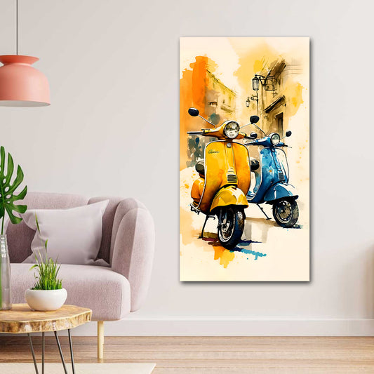 Abstract Canvas Painting Wall Frame Art of Wheels | Canvas Painting Wall Frame (18x24 Inches) Canvas print of two scooters on a wall in a living room setting.