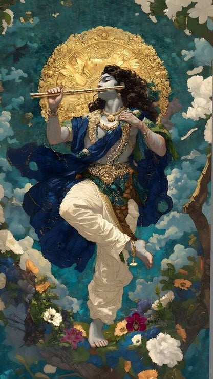 Abstract Dancing Krishna Wallpaper | Spiritual Art for Music Room  Painting of a deity holding a flute against a colorful floral background