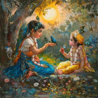 Abstract Radha Krishna In Forest Wallpaper for Living Room Decor Two figures in traditional attire interacting with birds in a forest setting