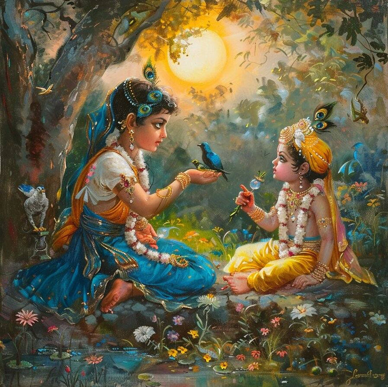 Abstract Radha Krishna In Forest Wallpaper for Living Room Decor Two figures in traditional attire interacting with birds in a forest setting