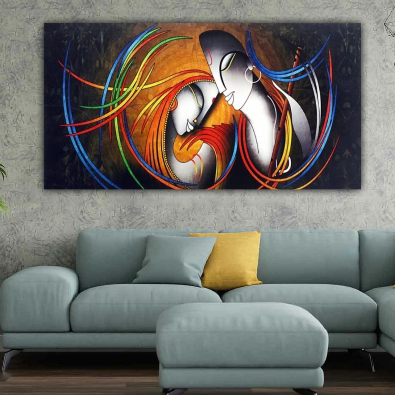 Colorful Radha Krishna modern artwork canvas print for luxury interiors