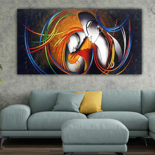 Colorful Radha Krishna modern artwork canvas print for luxury interiors