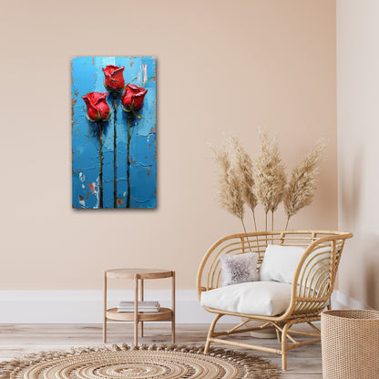 Decorative wall art of red roses on a blue background in a living room setting.