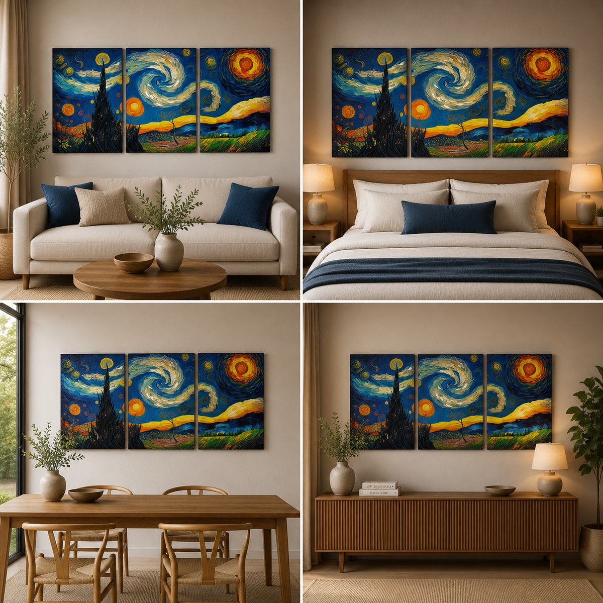 Modern triptych canvas wall decor featuring swirling sky and colorful artistic landscape