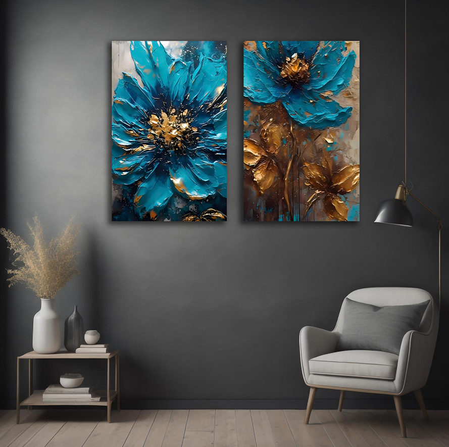 Abstract blue flower canvas painting wall art for modern living room decor