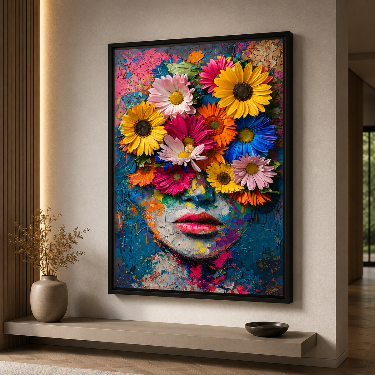 Colorful flower face canvas painting for bedroom, office, and luxury wall decor