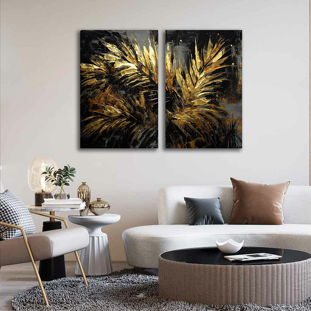Abstract gold palm leaf canvas painting wall art set for modern living room decor