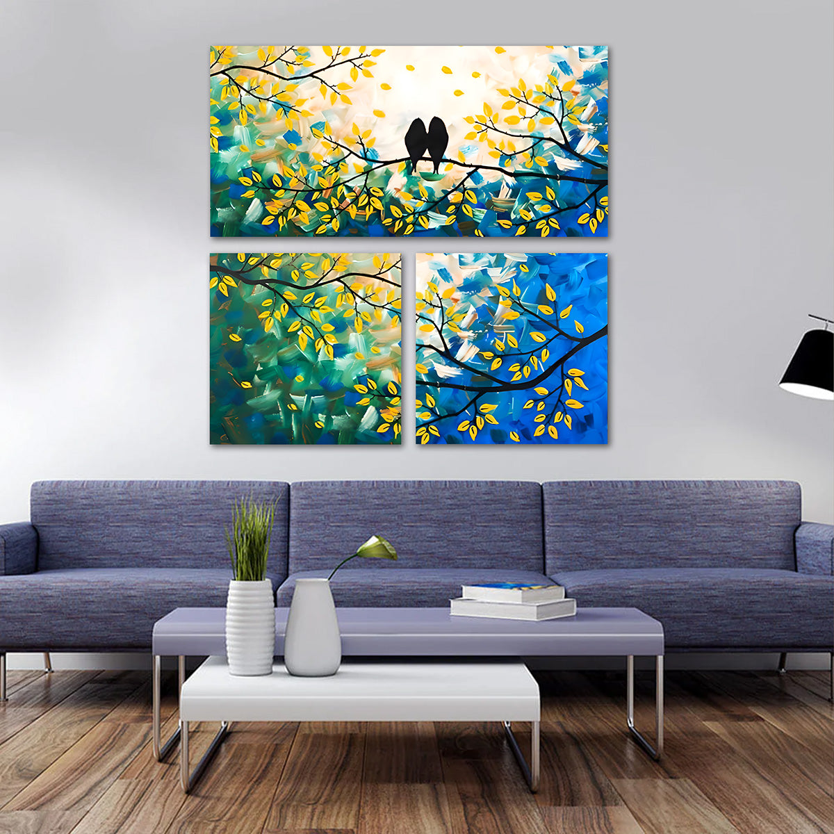 Abstract love birds tree canvas painting wall art set for living room decor
